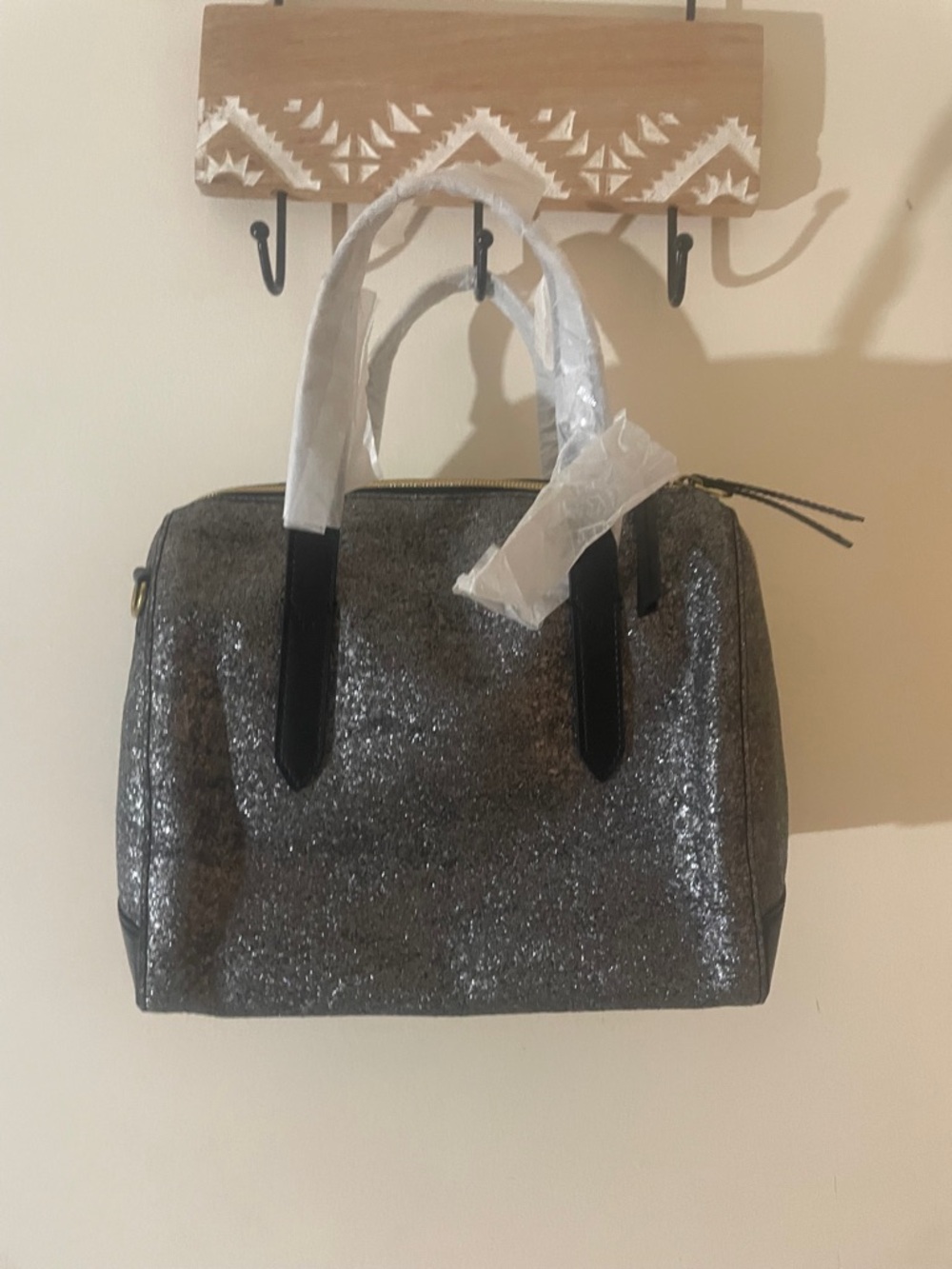 Fossil Sydney Gunmetal Glitter Satchel Crossbody NWT - Picture 13 of 14